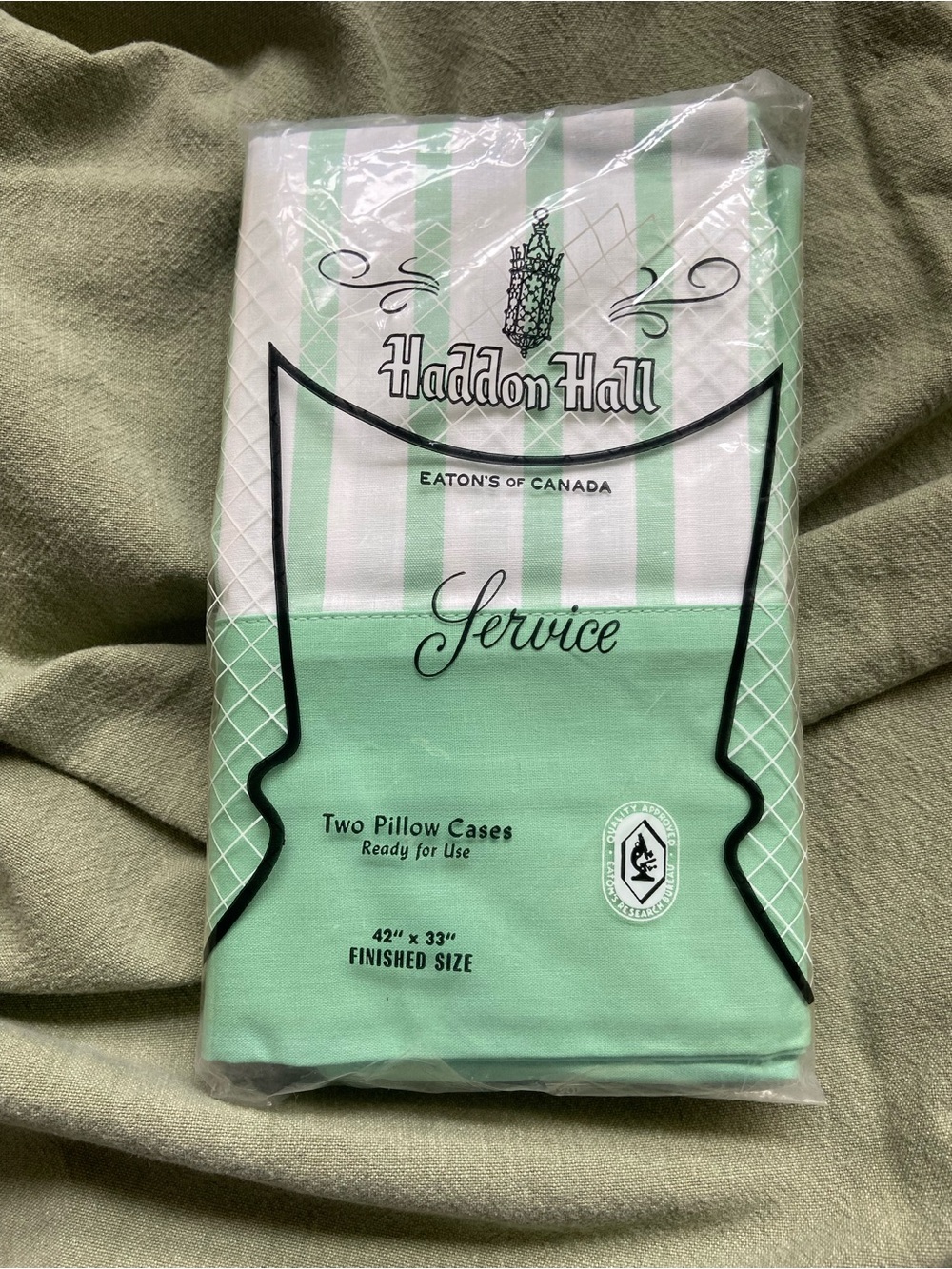 Vintage Haddon Hall Pillowcases Green and White Stripes Cottagecore